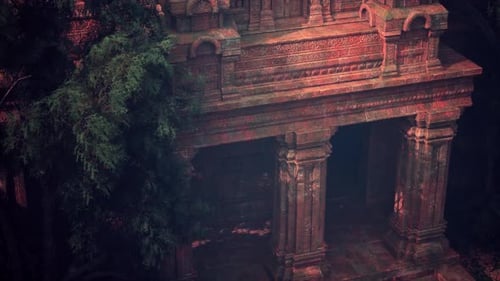 Enigmatic Inca Temple Amidst Jungle Foliage at Dusk