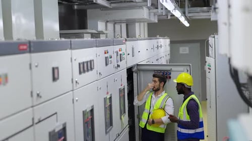 4K Two engineer working at factory server electric control panel room