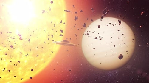 UFO near a planet and asteroid field