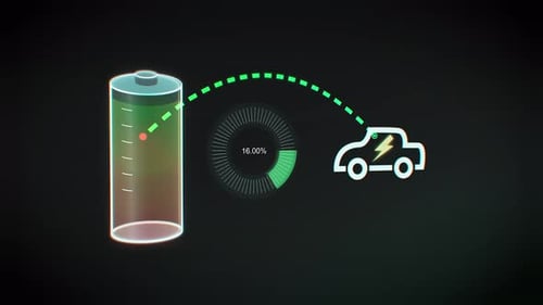 Charging electric car symbolized by digitally animated symbols against black background