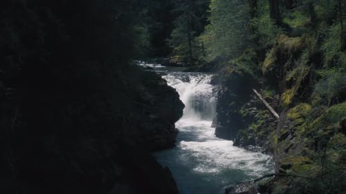 Waterfall flowing down the river stream in a dense forest