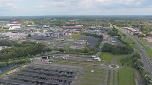 Aerial wastewater treatment plant with circular basins, Netherlands