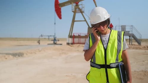 Female Worker Talking on Phone Near Oil Pump