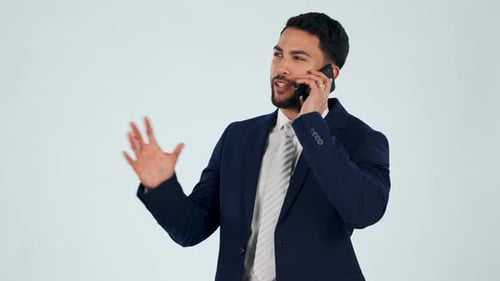 Business man, communication and phone call in studio for consulting, chat