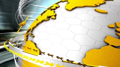 Animated Global Network Connection with Orbiting Satellite and Arrows