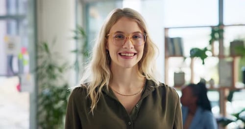 Happy, office and face of business woman with company pride, confidence and glasses