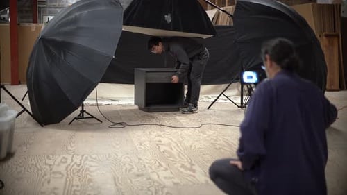 Product Photography Studio Setup with Lighting Umbrellas