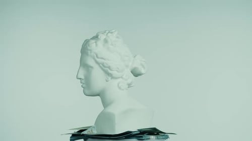 Closeup Shot Ancient Marble Bust Statue of Roman Era Woman with Money Bills Spinning Round on a