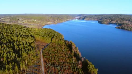 Birds eye view over dense green nature reserve around beautiful lake on an unexplored land. Aerial.