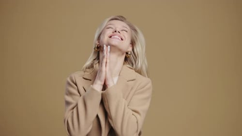 BlondeHaired Businesswoman With Triumph Yes Victory Gesture Jackpot Success