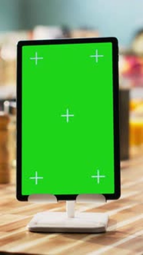 Vertical Video Vertical Chroma Key on Tablet Screen in Empty Kitchen Table