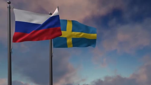Waving Russian and Swedish Flags Against a Cloudy Sky