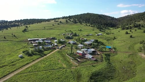 Vue aérienne des arbres, des collines verdoyantes et des maisons des Highlands 3