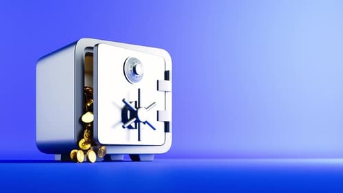 3d animation, banking safety box opens and golden coins with the bitcoin symbol fall out.