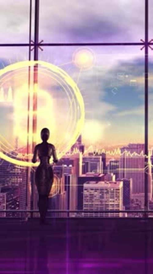 Futuristic Bitcoin Holographic Interface Over City Skyline