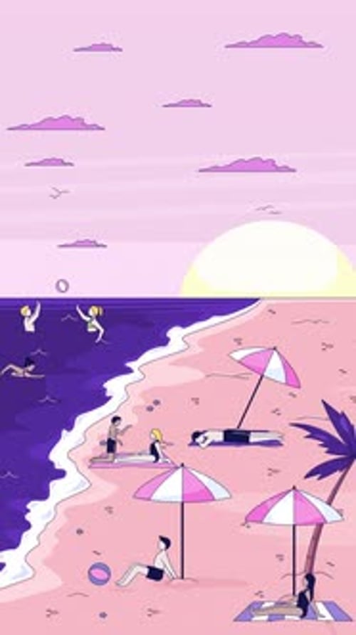 Sunset beach with people swimming and relaxing lofi vertical animation