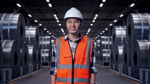 Smiling Factory Worker in Orange Vest Standing Proudly
