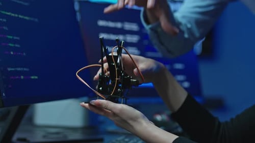 Gros plan des mains tenant un prototype de bras robotique pendant qu'un collègue le montre