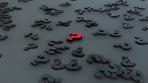 Rotating Red Question Mark Amidst Scattered 3D Symbols