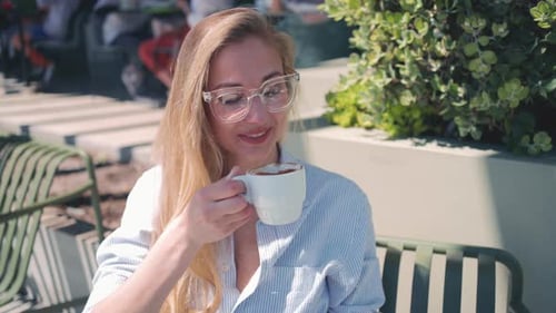Woman Drinking Morning Coffee Cafe Terrace