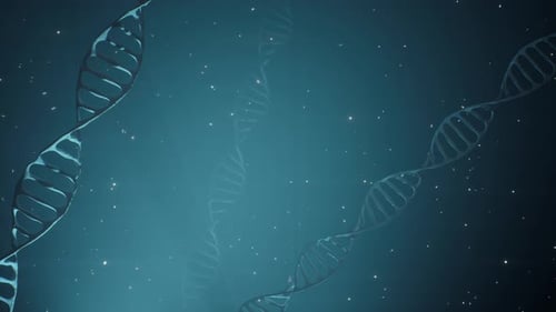 Animation 3D d'une molécule d'ADN en rotation sur fond bleu. Concept de génétique