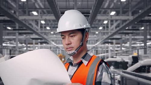 Close Up Side View Of Asian Male Engineer Looking At Blueprint In His Hands at Solar Panel Factory