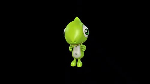 Cute Green Cartoon Creature 3D Animation Looking Around Shyly