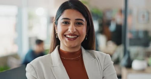 Woman, office and happy on portrait with coding for programing and system update as software