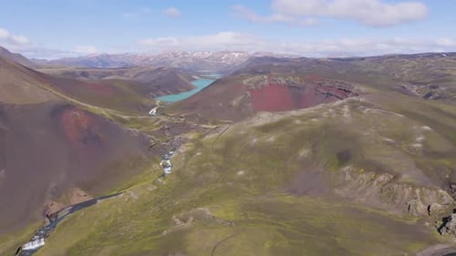Aerial view of mountains and river through crater, Iceland.