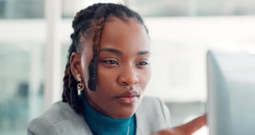 Reading, online and business black woman in office for research, finance review and feedback