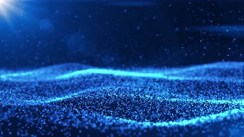 Onda digital azul de partículas e pontos, fundo cibernético futurista. Partículas digitais brilhantes voam