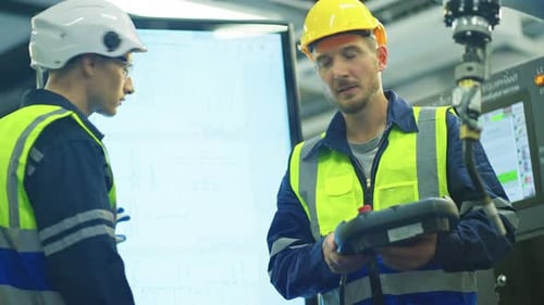 One techinican worker hold controller and also discuss with engineer for maintenance and control