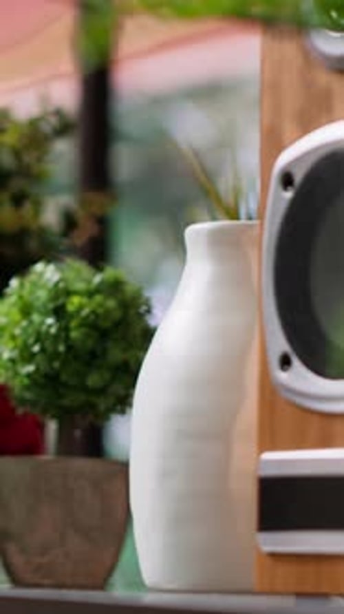 Vertical Video Elegant Decorations and Objects on Modern Shelves in Empty Cottage Space