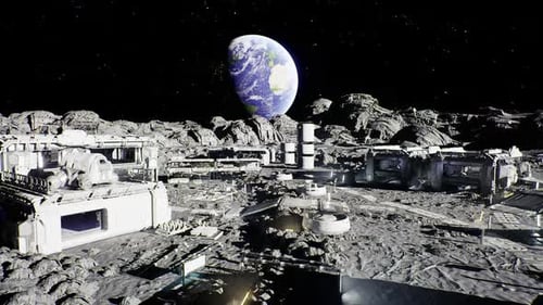 Mondstation mit Ausrüstung Mondanlage mit Modulen und Fahrzeugen