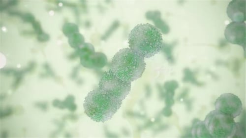 Detailed 3D rendering of green virus particles