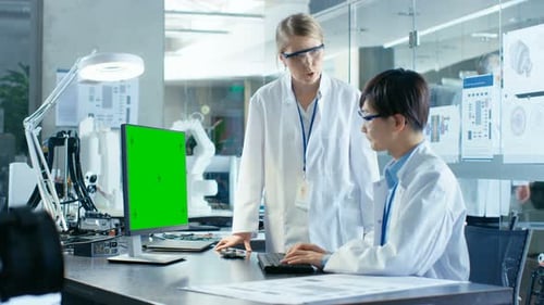 Asian Scientist Sitting at His Desk Consults Senior Engineer while Working on a Green Screen Person