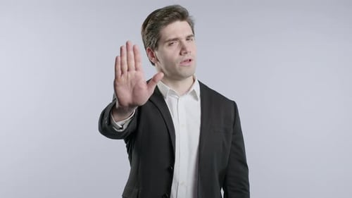 Serious Mature Businessman Rejecting Gesture Stop Hand Sign Not Allow Restrict