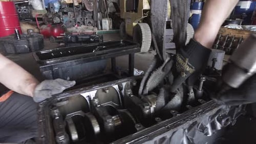 Engine Repair in a Workshop Close Up