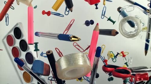 Different School Tools Fly Up and Down Back to School Filmed on a Highspeed Camera at 1000 Fps