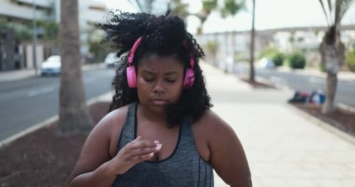 Healthy Lifestyle & Curvy Woman Running Outdoor - Plus Size Body, Sport