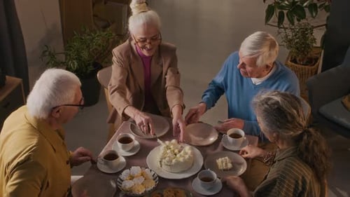Group Seniors Enjoying Cake and Tea Together Indoors