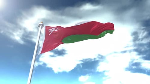 Oman Flag Waving on Flagpole with Sunny Sky Background