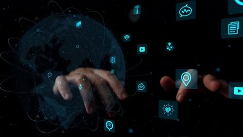 Futuristic Interface with Hands Interacting with Digital Icons Representing Global Networking and Te