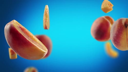 Peaches and Peach Slices Rotating in Mid-air