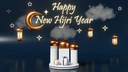 Nouvel An islamique, lumière rougeoyante, croissant doré, mosquée, nuage de cadeaux, nouveau calendrier lunaire hégirien