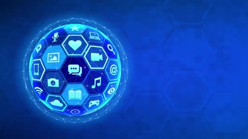 Digital Global Network Sphere with Technology Communication Icons