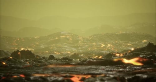 Volcanic Landscape with Flowing Lava and Hazy Atmosphere at Dusk