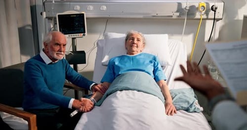 Happy, old couple and listening to doctor, hospital or excited for recovery, healthcare or wellness