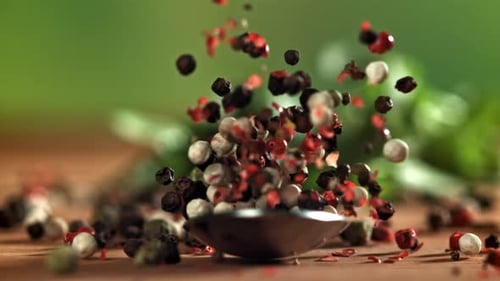 A Spoon with Peppercorns Falls on the Table Filmed on a Highspeed Camera at 1000 Fps