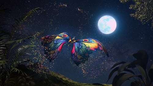 Magical Glowing Butterfly Flying at Night with Glittering Wings